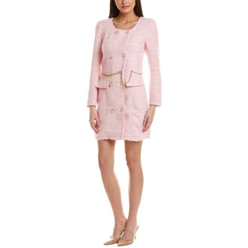 NWT Pascale la Mode Double Breasted Button Pink Plaid Tweed Blazer Dress XS